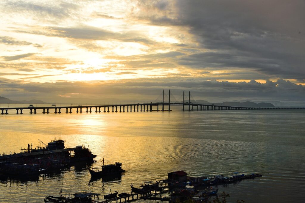 twilight, penang bridge, jambatan pulau pinang, misty morning, sunrise, southeast asia, malaysia, asia, nature, straits of melacca, cloudy, misty atmosphere